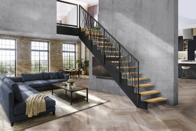 Gerade Designtreppe mit schwarzer Schnurgeländerfüllung im Loft